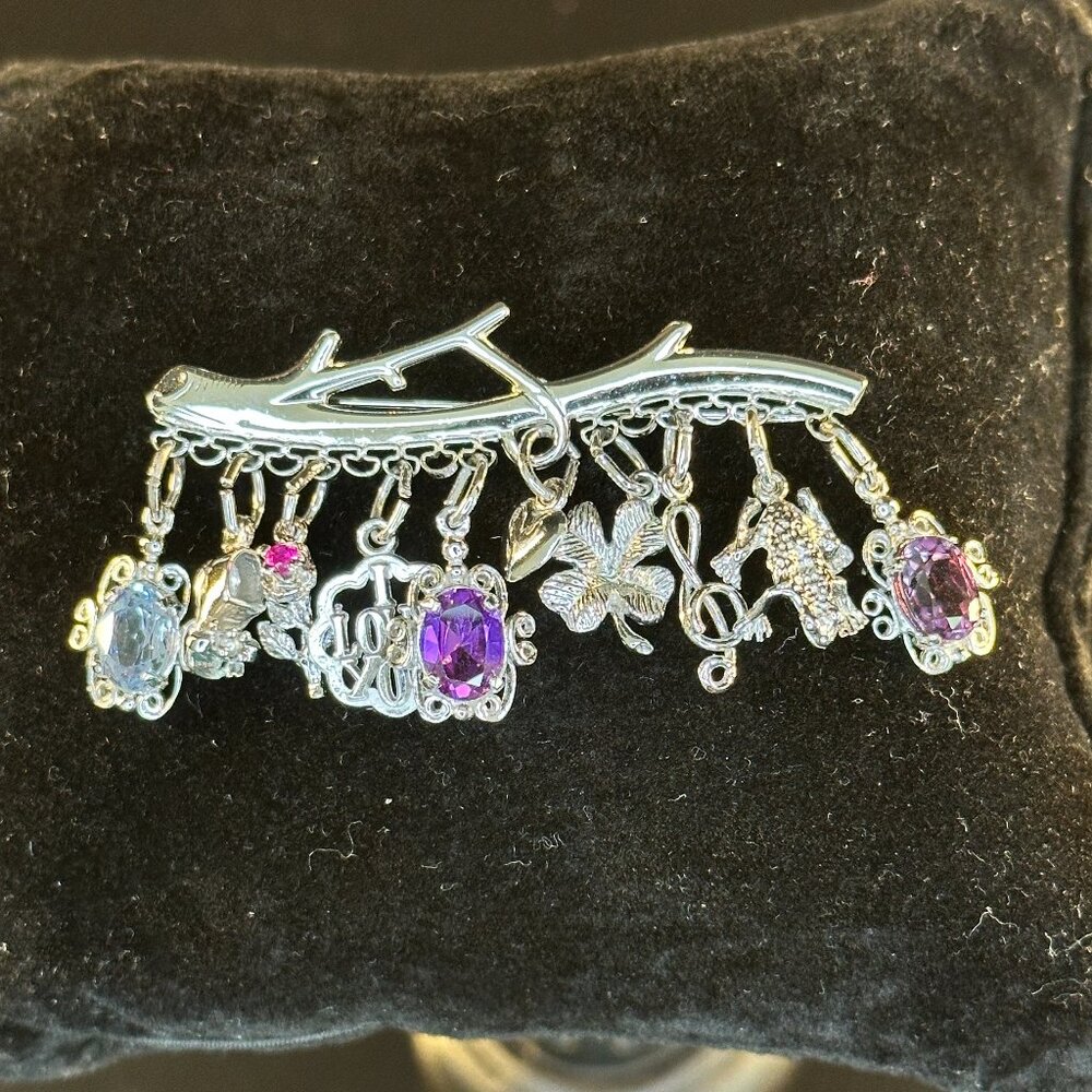 ✨ Vintage Silver Charm Brooch with Gem Accents – Amethyst, Aquamarine & Rhinesto